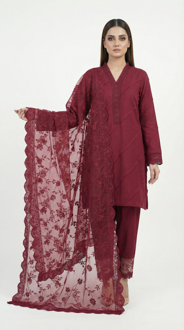 Reema Ahsan - Ailsa Cora Cotton Suit For Women - Maroon - 3 Piece - Studio by TCS