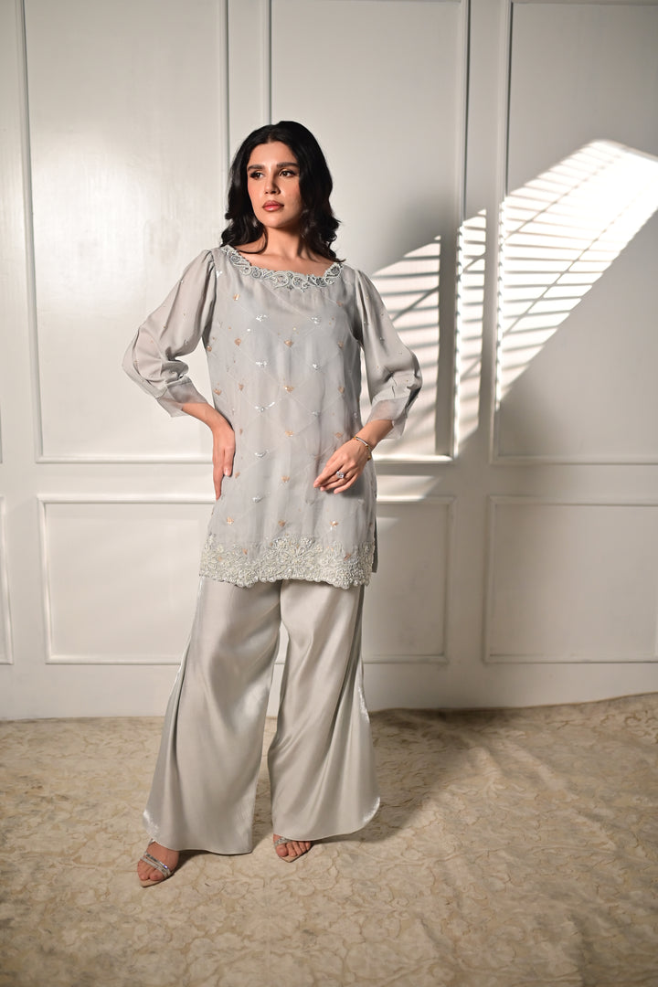 Insia Sohail - Silver Slate - Silver - Pure Organza & Shimmer Fabric - 2 Piece