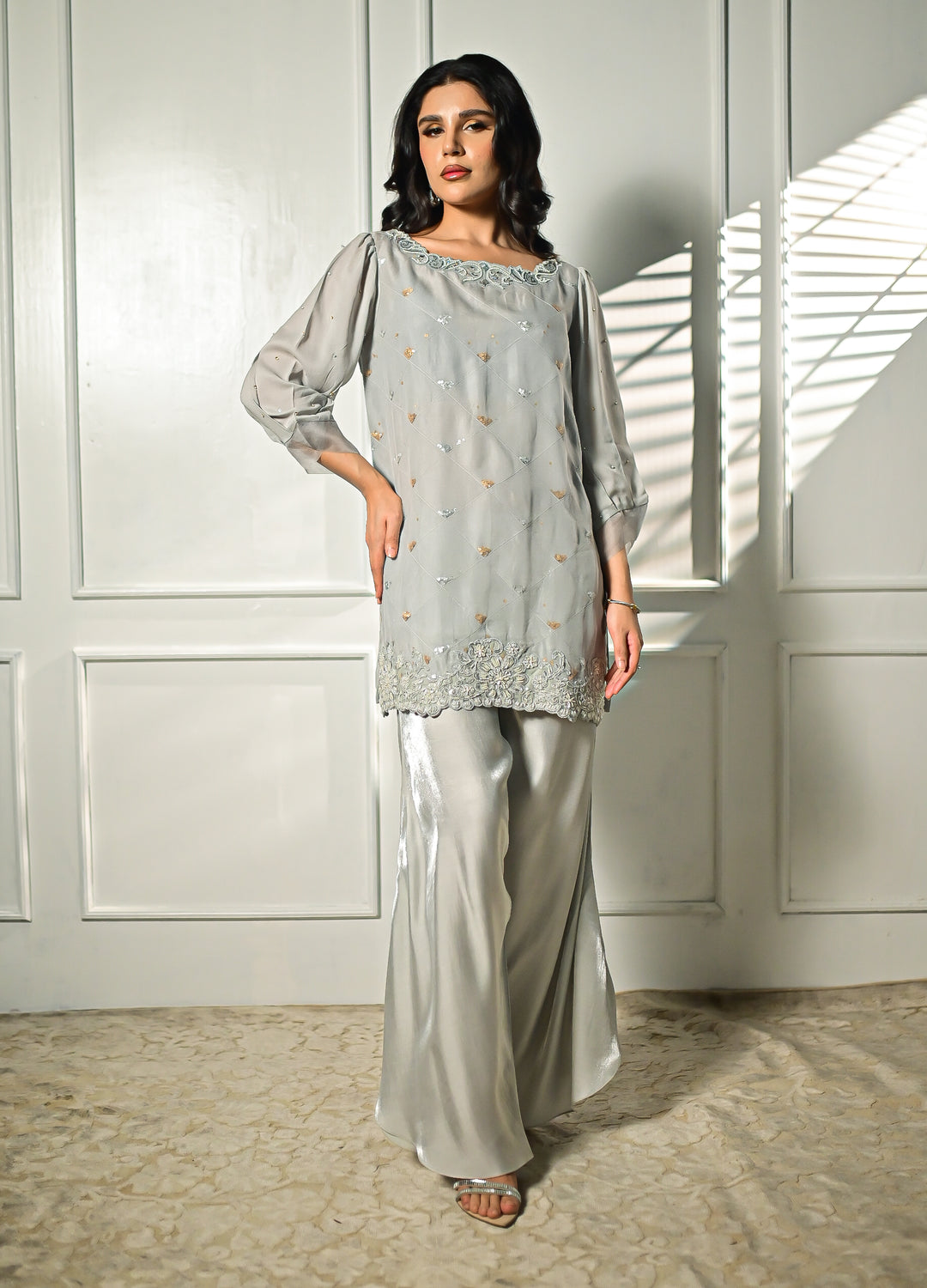 Insia Sohail - Silver Slate - Silver - Pure Organza & Shimmer Fabric - 2 Piece