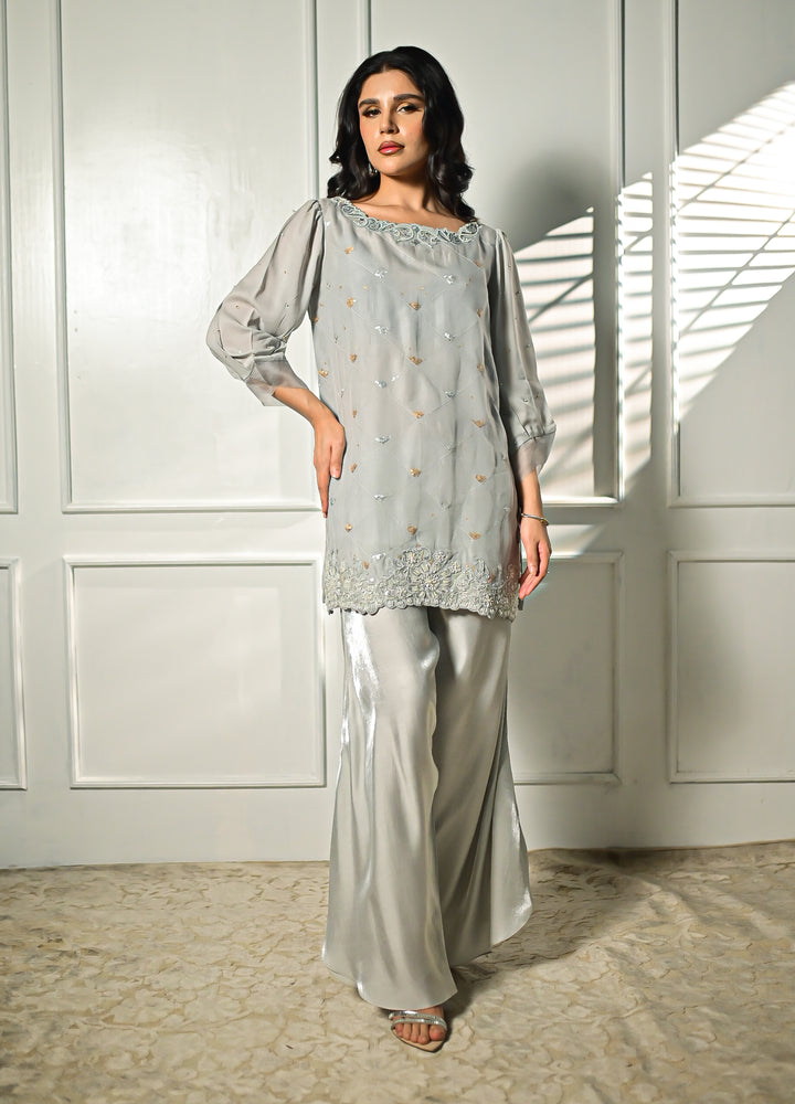 Insia Sohail - Silver Slate - Silver - Pure Organza & Shimmer Fabric - 2 Piece