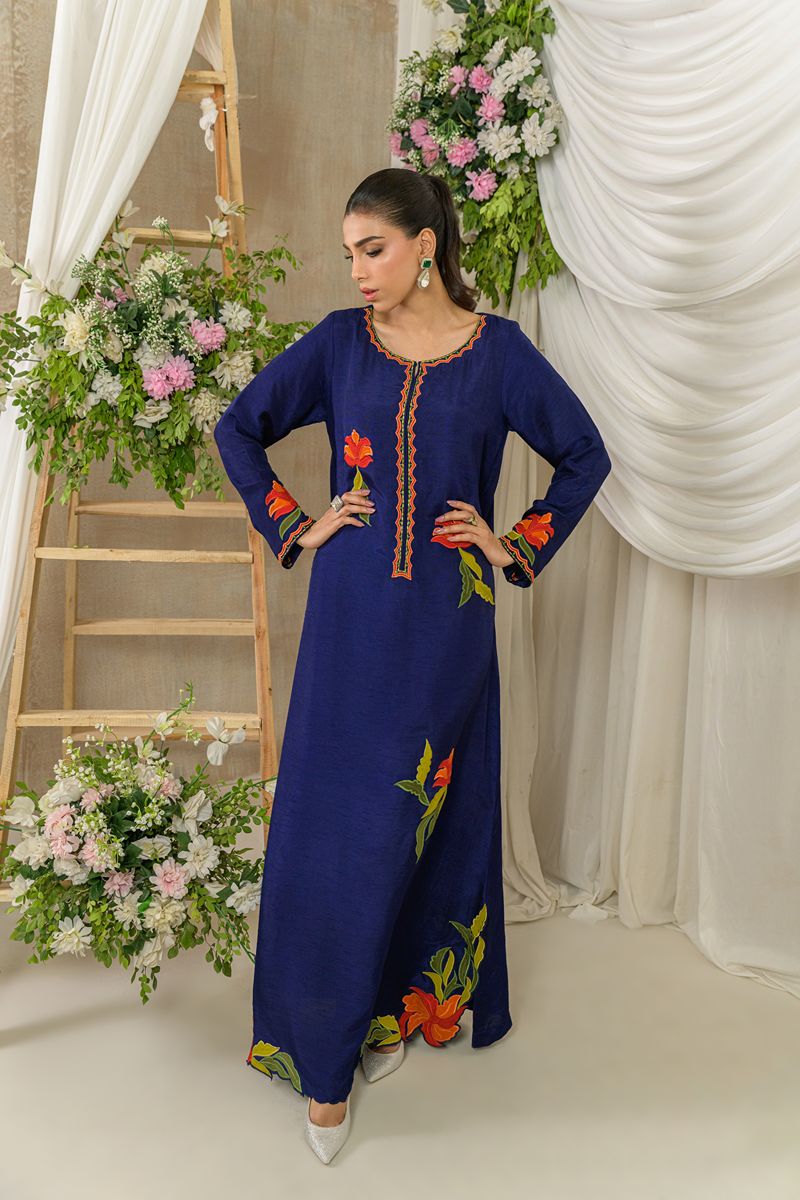 Alishba Kashif - AMBER FLORA - Indigo - Korean Rawsilk - 1 Piece
