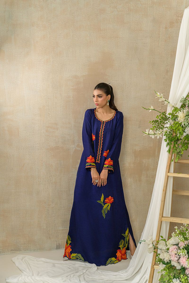 Alishba Kashif - AMBER FLORA - Indigo - Korean Rawsilk - 1 Piece