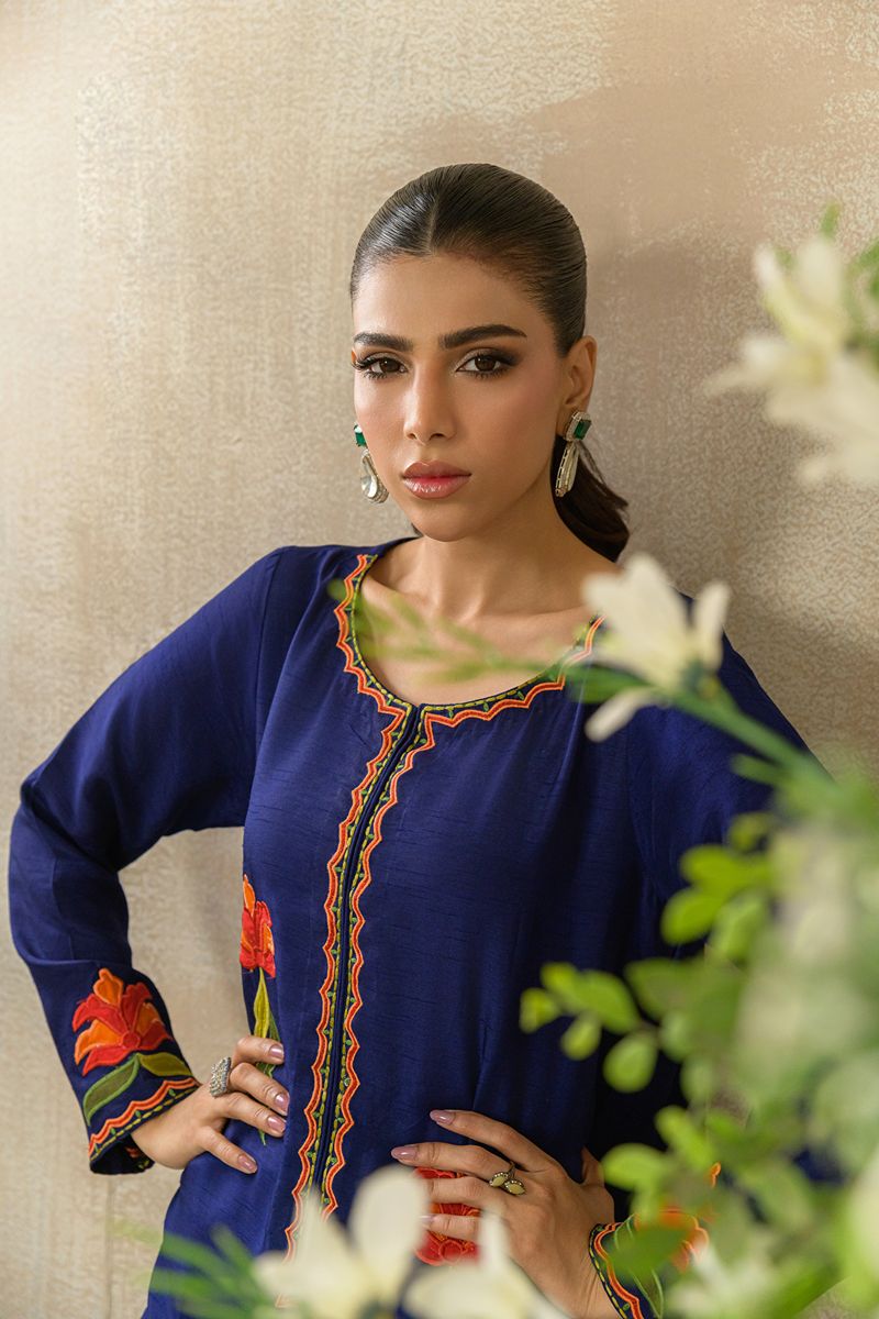 Alishba Kashif - AMBER FLORA - Indigo - Korean Rawsilk - 1 Piece