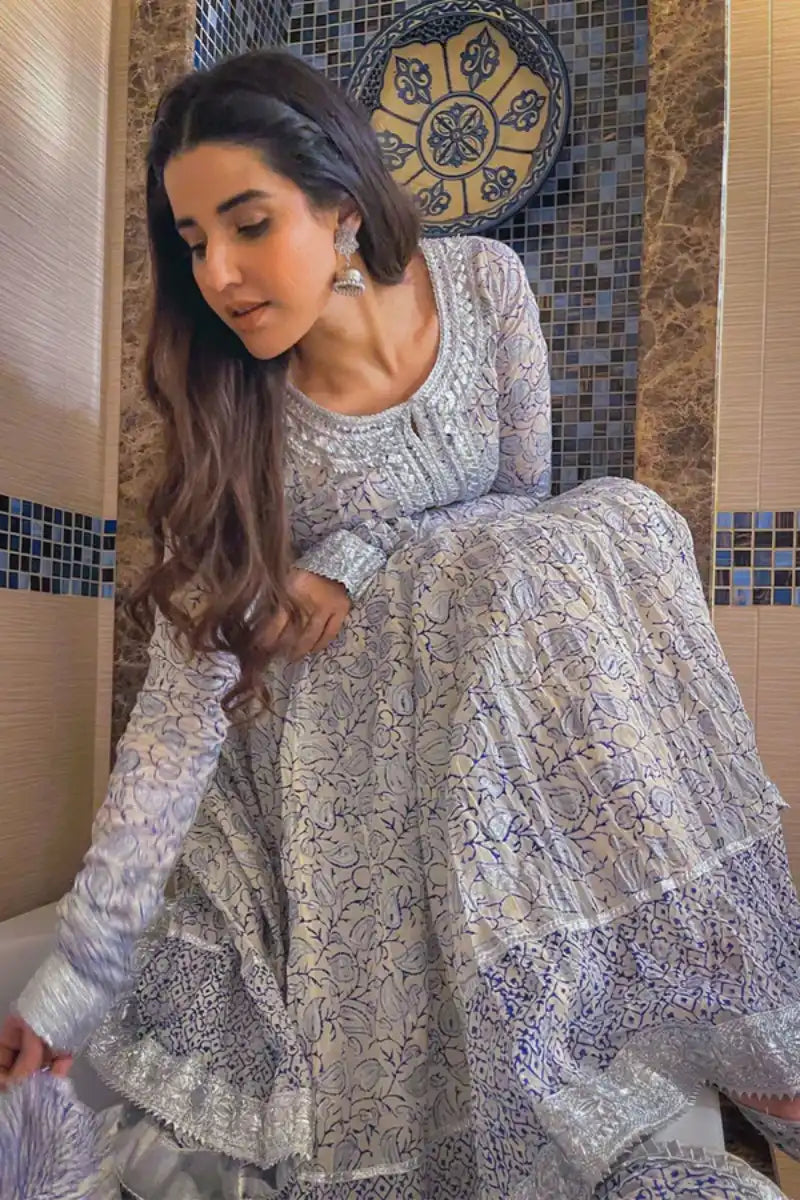 Pinktree - Aab-e-Rawaan - White & Blue - Muslin - 2 Piece