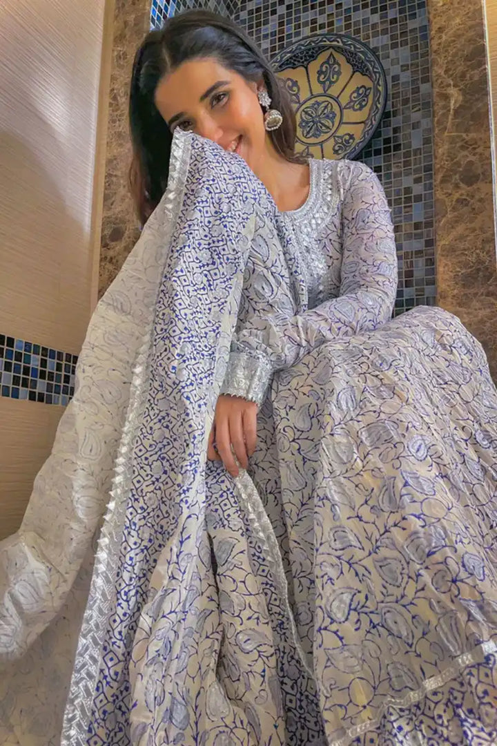 Pinktree - Aab-e-Rawaan - White & Blue - Muslin - 2 Piece