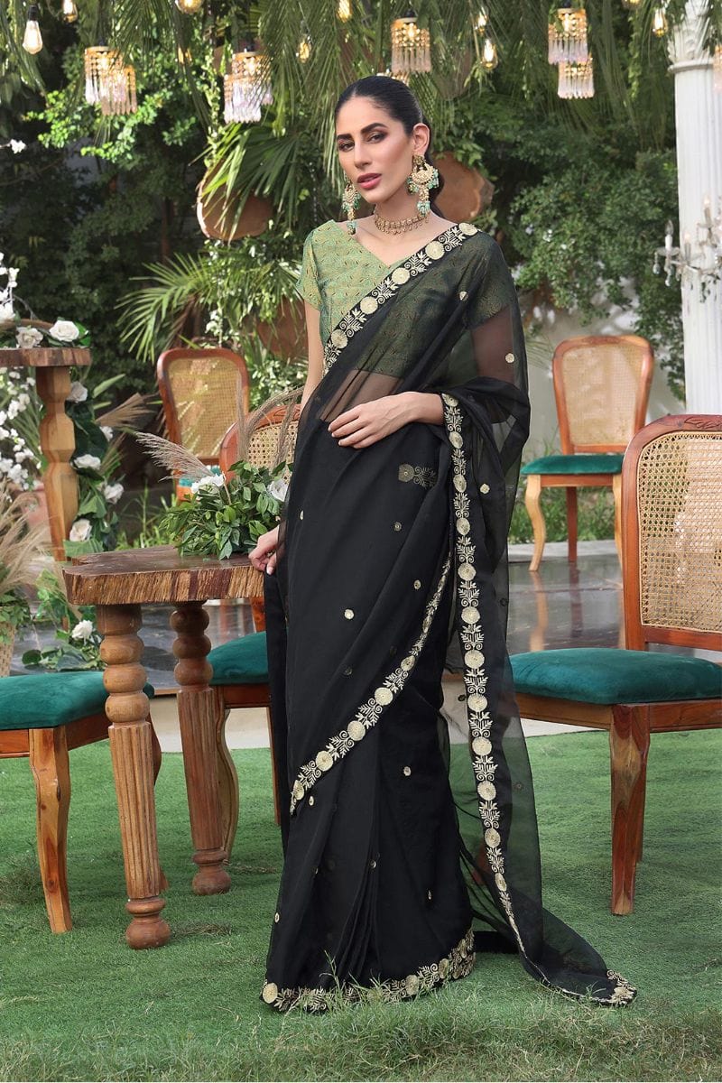 Sanas - Aari Embroidered Organza Banarsi Luxury Saree - ZEENAT - SR202225 - Green & Black - Studio by TCS