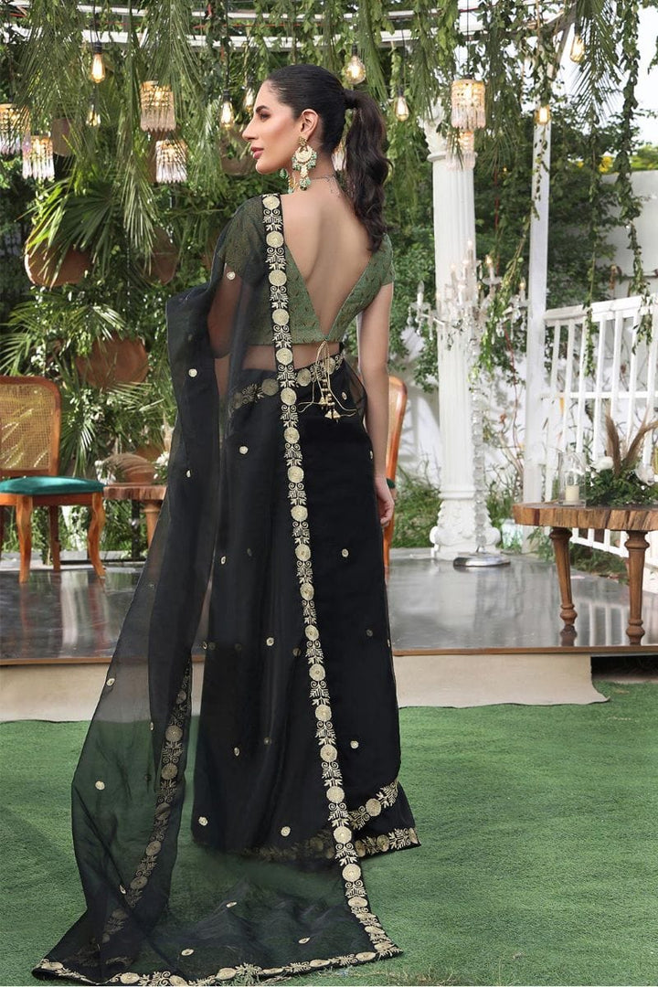 Sanas - Aari Embroidered Organza Banarsi Luxury Saree - ZEENAT - SR202225 - Green & Black - Studio by TCS
