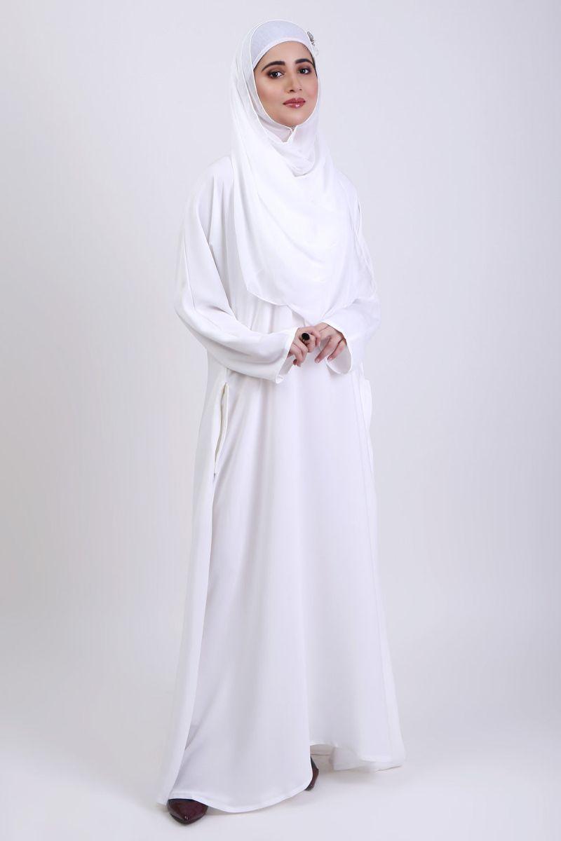 Abaya.pk - White Basic Front-Closed Abaya & Hijab- Chiffon & Nada Fabric