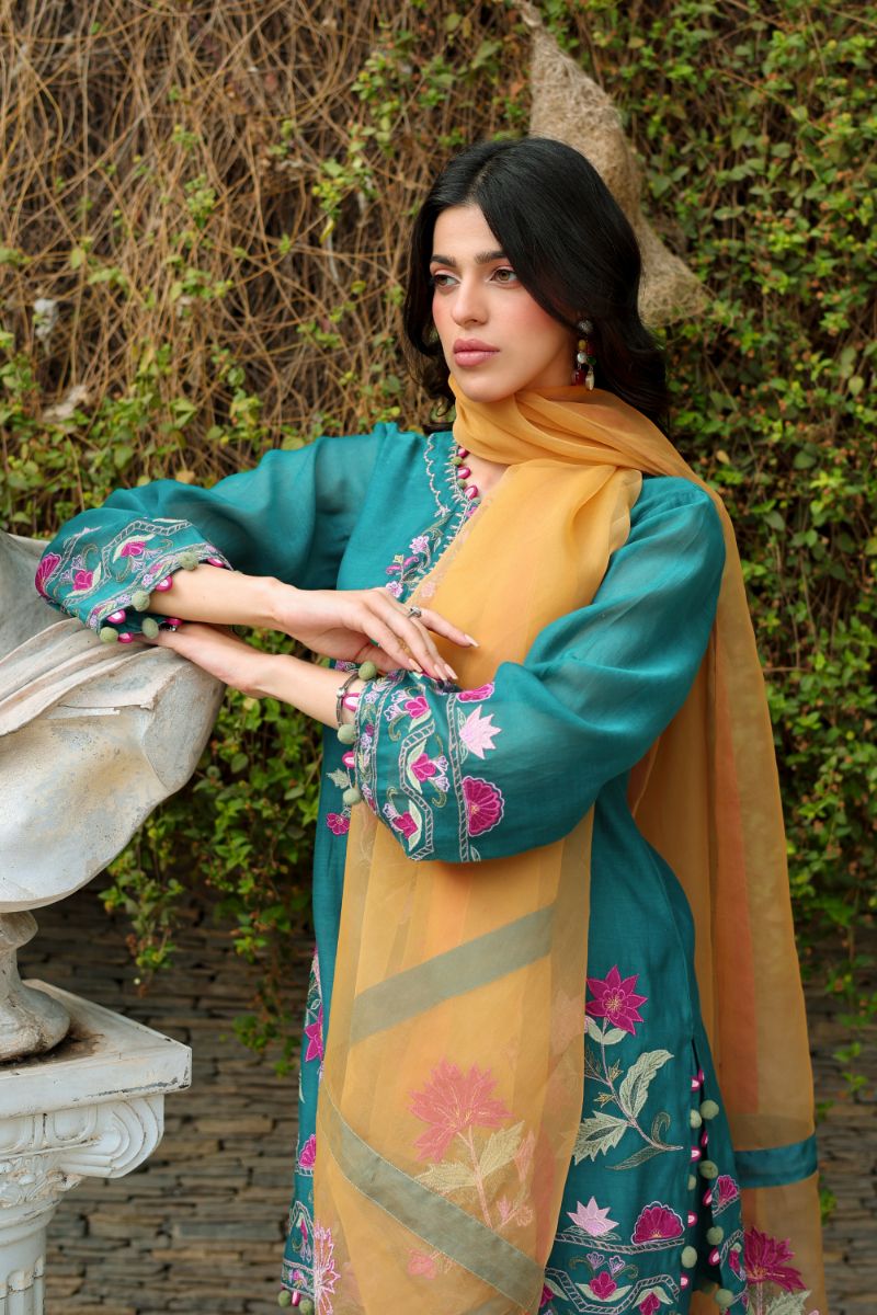 Reema Ahsan - Aelin - Kora Cotton & Organza - Emerald Green - 3 Piece