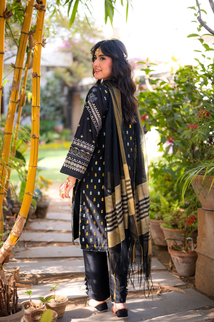 Omal by Komal - Afsana - Black -  Jacquard & Khaadi Net - 3 Piece