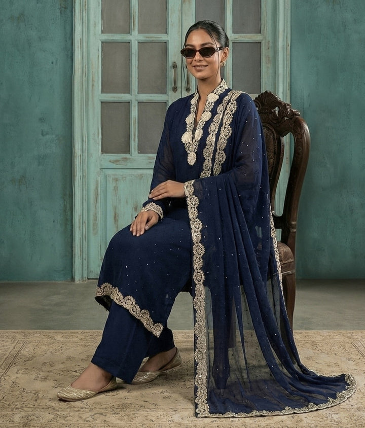 Maheen Khan - Zaraab Silk Chiffon & Crepe Tunic Sets For Women - Navy - 3 Piece