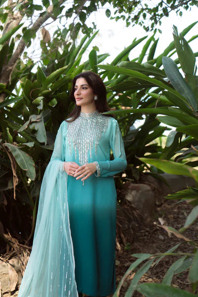 Natasha Kamal - Gorgette Chiffon Alana Suit For Women - Shaded Aqua - 3 Piece