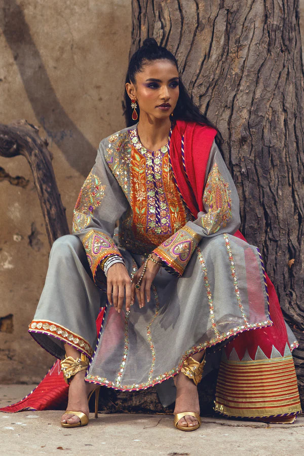 Sanam Chaudhri - Aleema Cotton Net Suit For Women - Feather Grey - 3 Piece