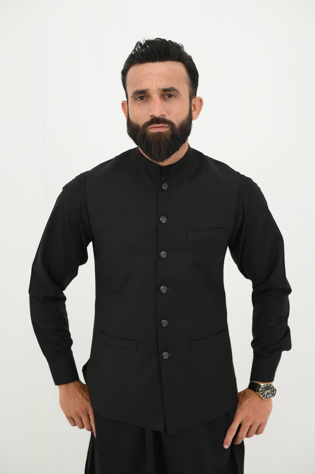 AlifYay - Blended Kurta Shalwar With Waistcoat For Men - Black - 3 Piece Suit