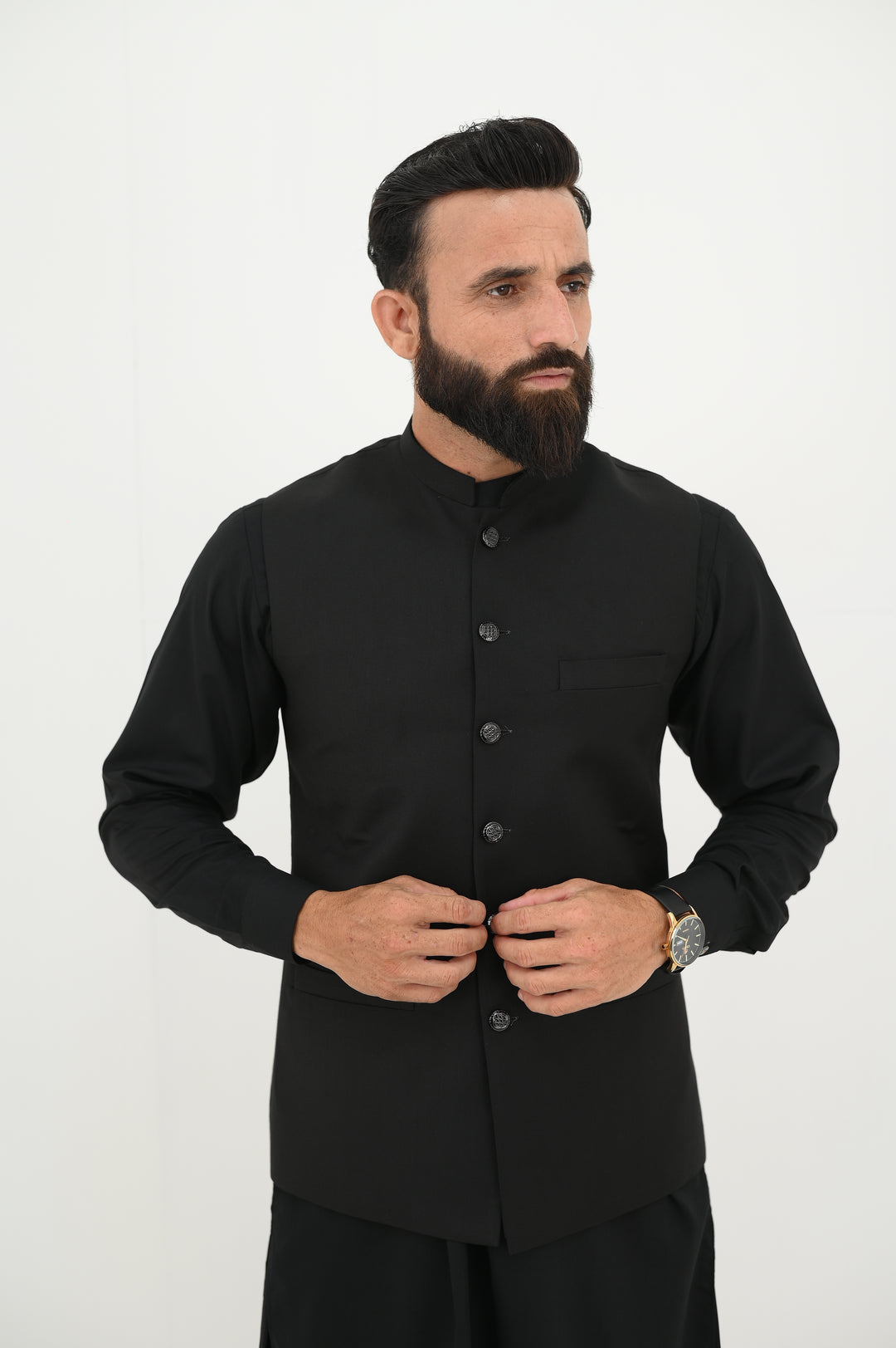 AlifYay - Blended Kurta Shalwar With Waistcoat For Men - Black - 3 Piece Suit