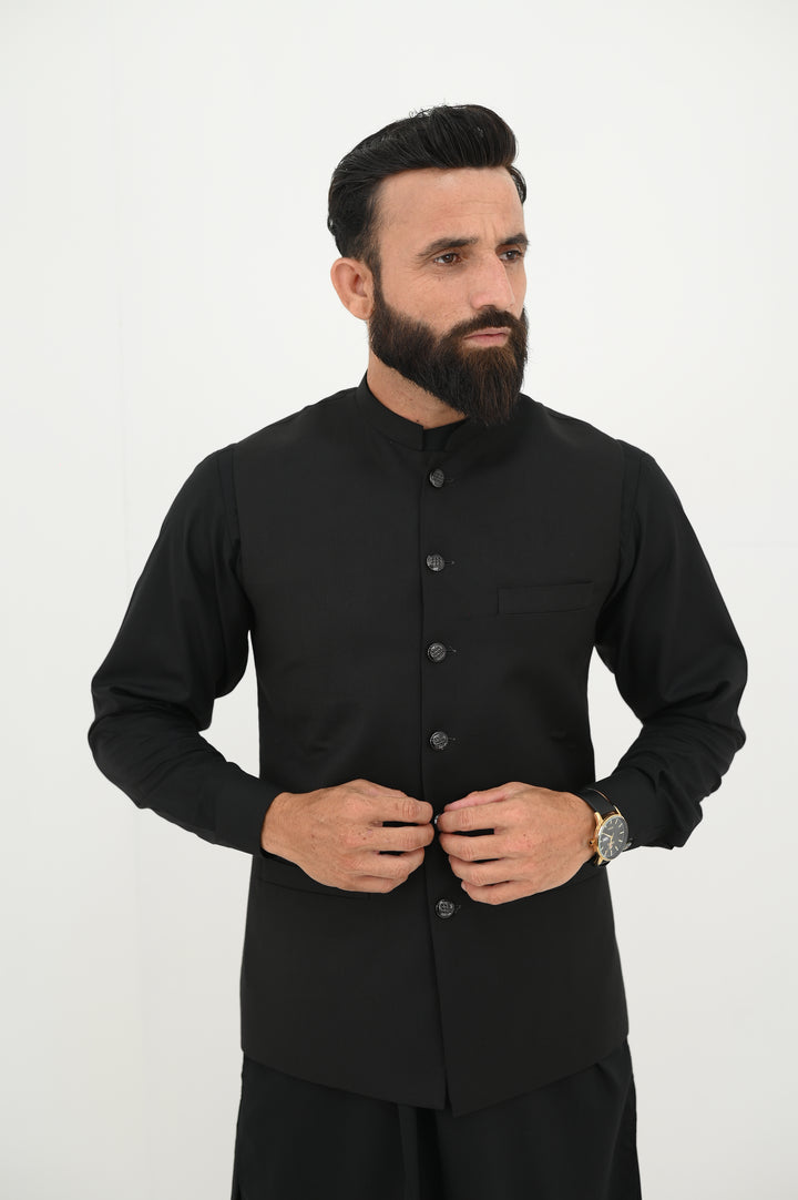 AlifYay - Blended Kurta Shalwar With Waistcoat For Men - Black - 3 Piece Suit