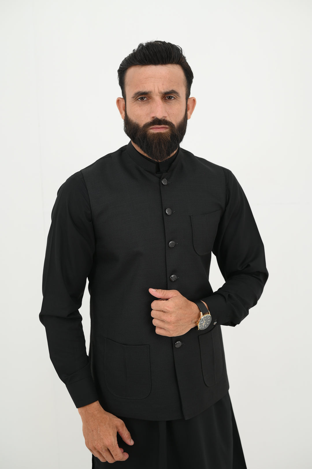 AlifYay - Blended Kurta Shalwar With Waistcoat For Men - Black - 3 Piece Suit