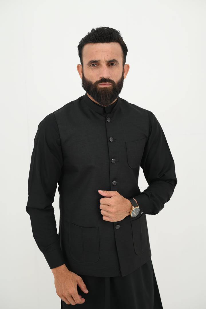 AlifYay - Blended Kurta Shalwar With Waistcoat For Men - Black - 3 Piece Suit