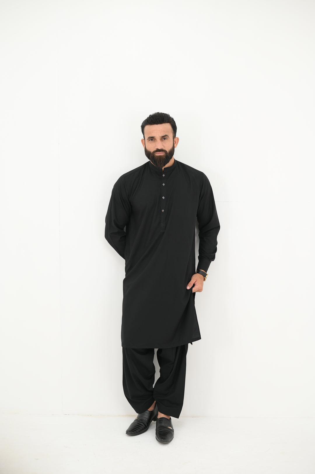 AlifYay - Blended Kurta Shalwar With Waistcoat For Men - Black - 3 Piece Suit
