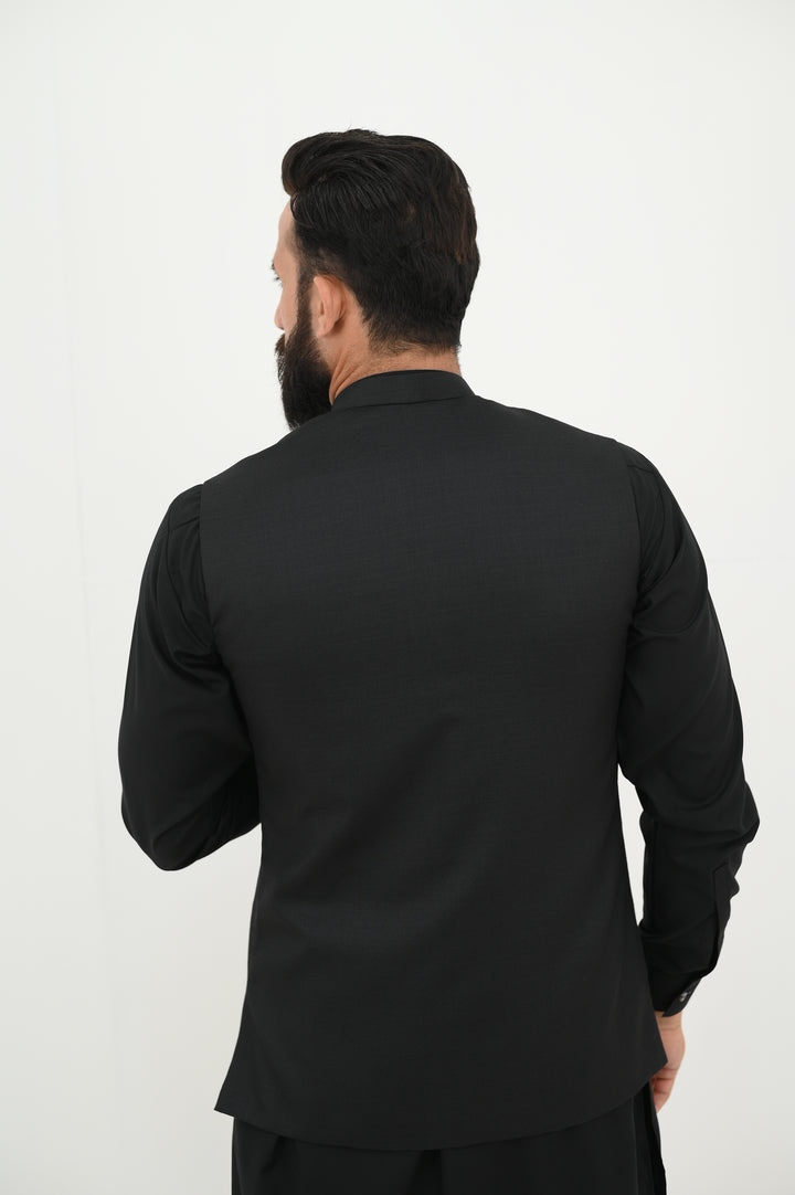 AlifYay - Blended Kurta Shalwar With Waistcoat For Men - Black - 3 Piece Suit