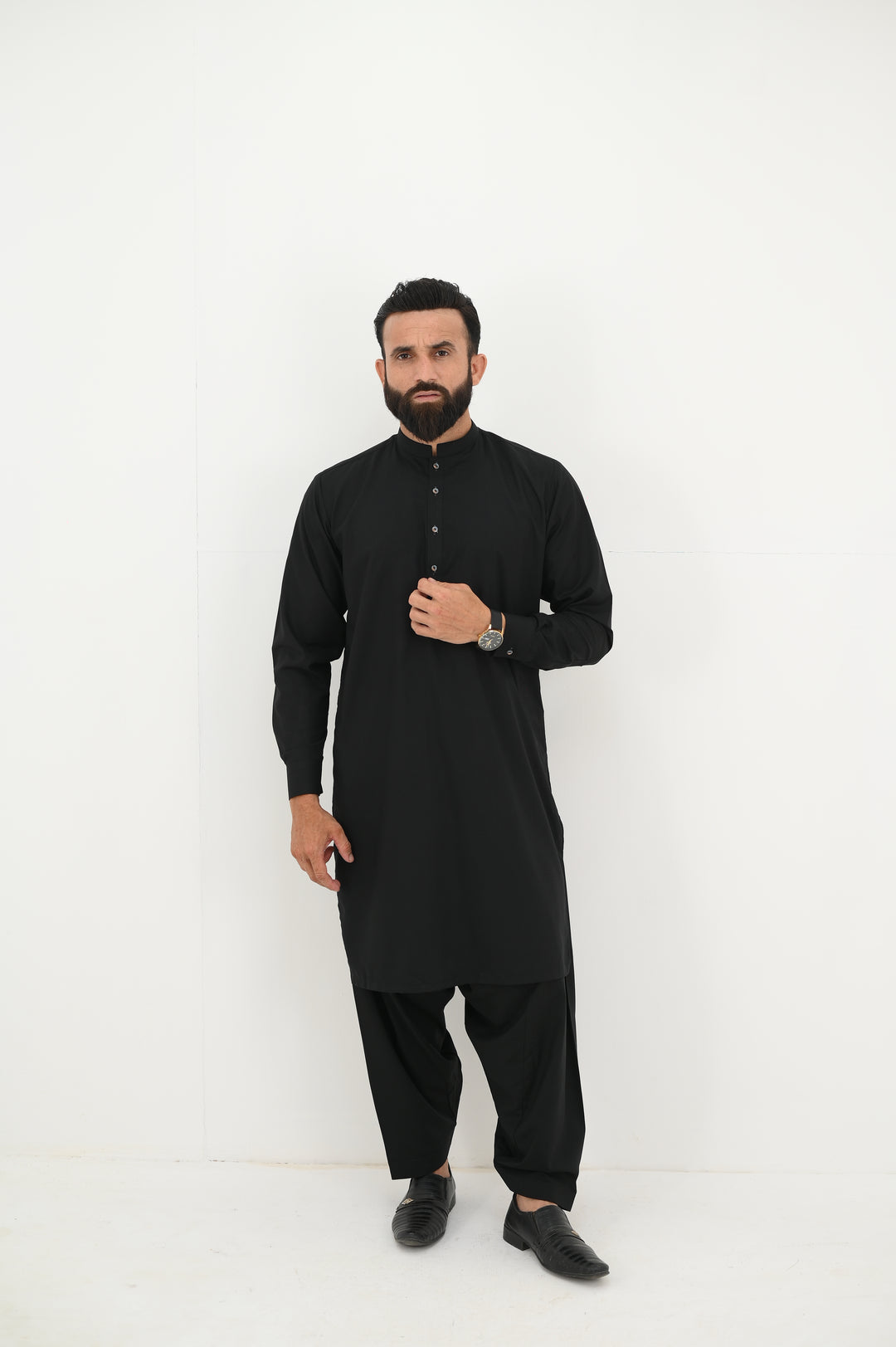 AlifYay - Blended Kurta Shalwar With Waistcoat For Men - Black - 3 Piece Suit