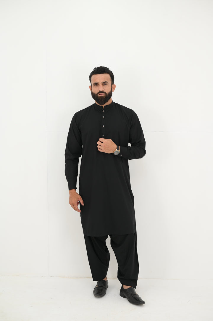 AlifYay - Blended Kurta Shalwar With Waistcoat For Men - Black - 3 Piece Suit