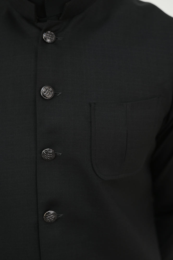 AlifYay - Blended Kurta Shalwar With Waistcoat For Men - Black - 3 Piece Suit
