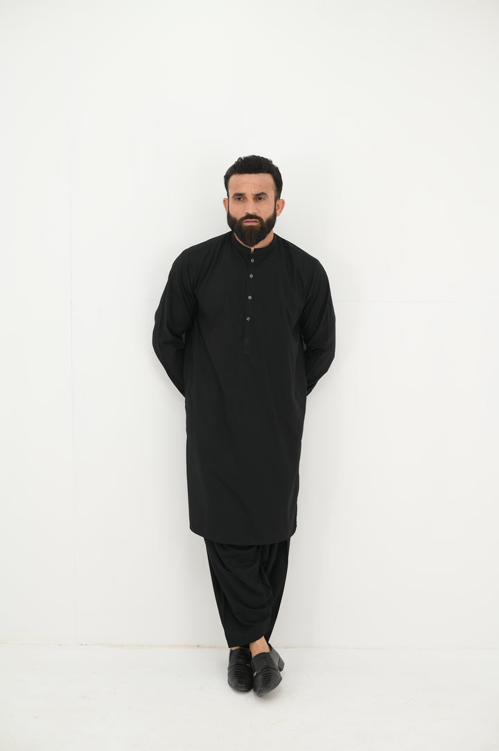 AlifYay - Blended Kurta Shalwar With Waistcoat For Men - Black - 3 Piece Suit