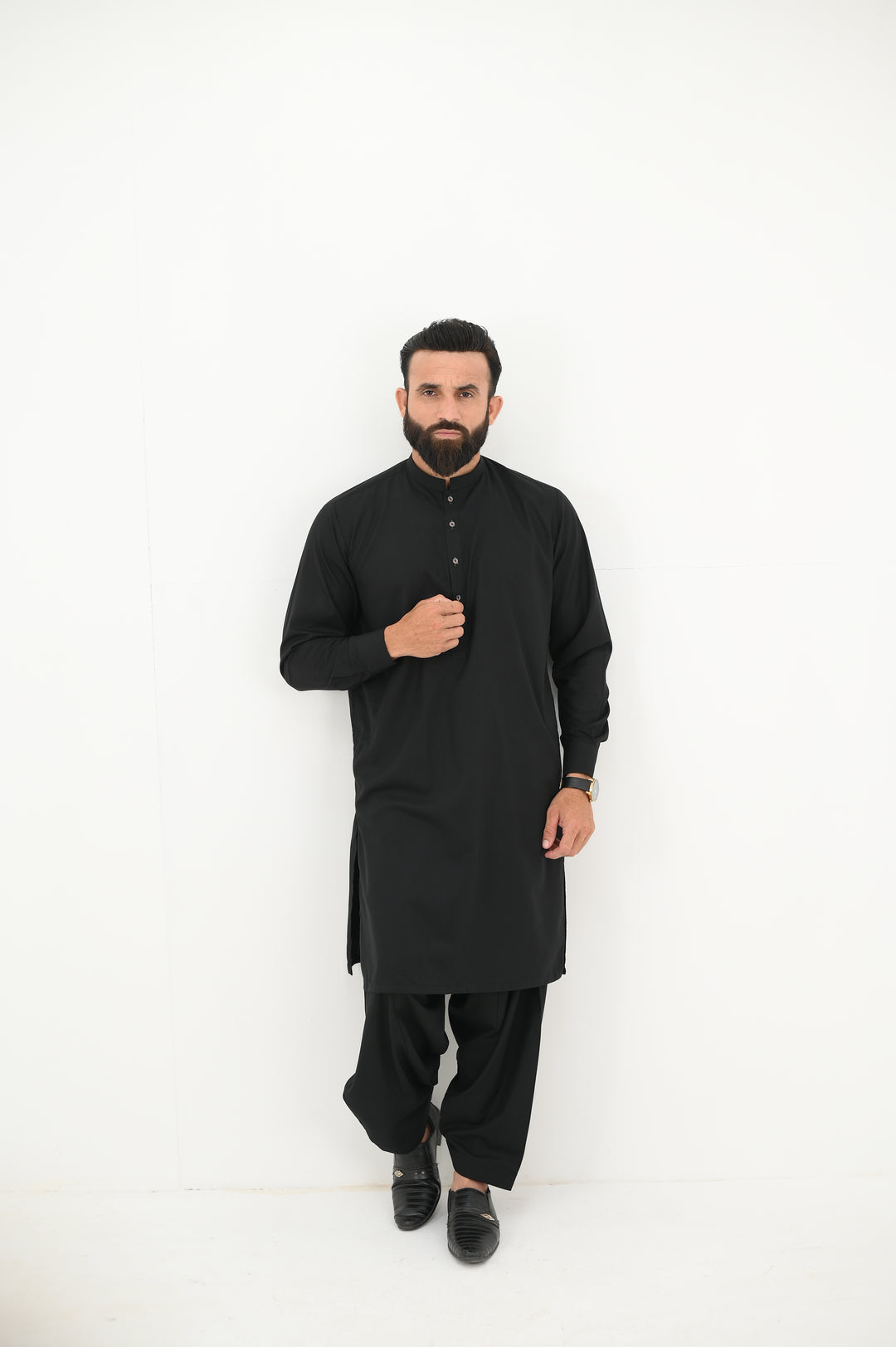 AlifYay - Blended Kurta Shalwar With Waistcoat For Men - Black - 3 Piece Suit