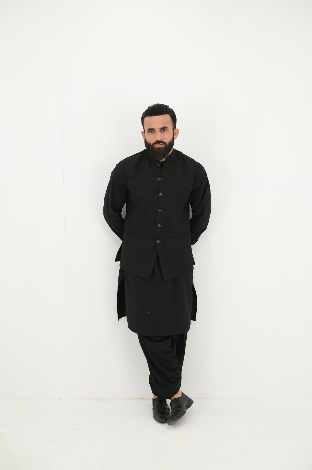 AlifYay - Blended Kurta Shalwar With Waistcoat For Men - Black - 3 Piece Suit