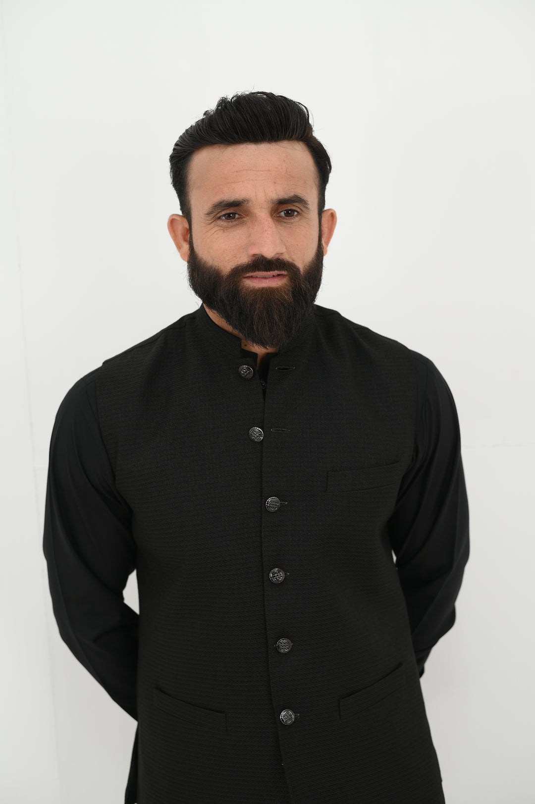 AlifYay - Blended Kurta Shalwar With Waistcoat For Men - Black - 3 Piece Suit