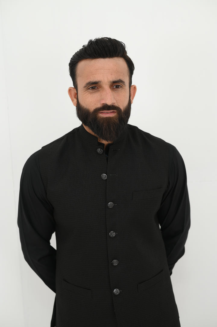 AlifYay - Blended Kurta Shalwar With Waistcoat For Men - Black - 3 Piece Suit