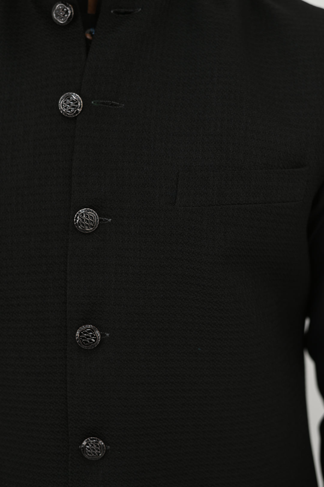 AlifYay - Blended Kurta Shalwar With Waistcoat For Men - Black - 3 Piece Suit