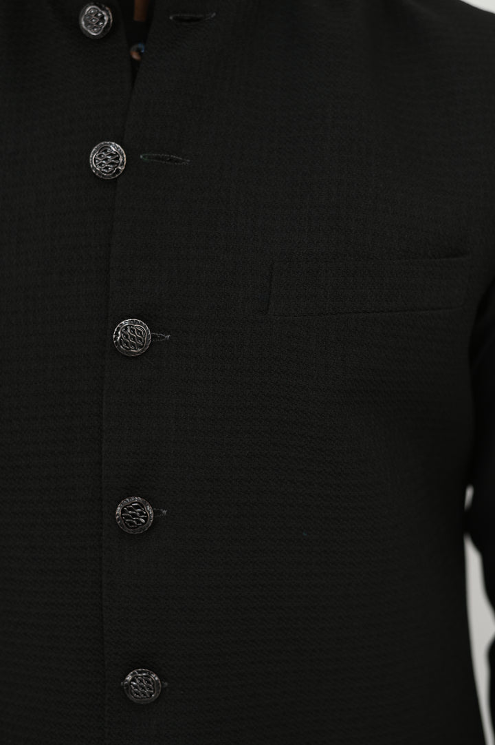 AlifYay - Blended Kurta Shalwar With Waistcoat For Men - Black - 3 Piece Suit