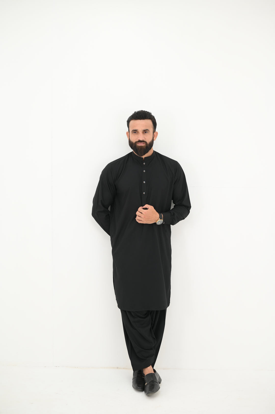 AlifYay - Blended Kurta Shalwar With Waistcoat For Men - Black - 3 Piece Suit