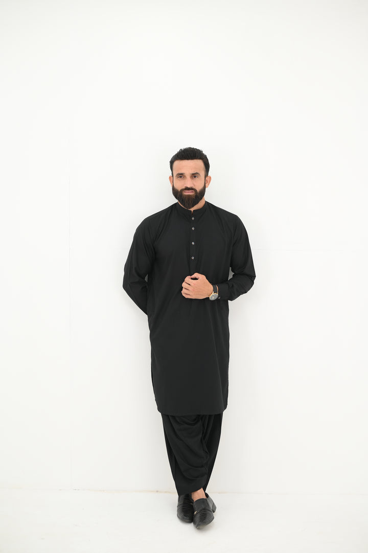 AlifYay - Blended Kurta Shalwar With Waistcoat For Men - Black - 3 Piece Suit