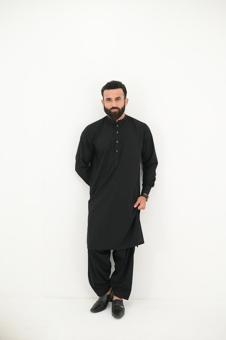 AlifYay - Blended Kurta Shalwar With Waistcoat For Men - Black - 3 Piece Suit