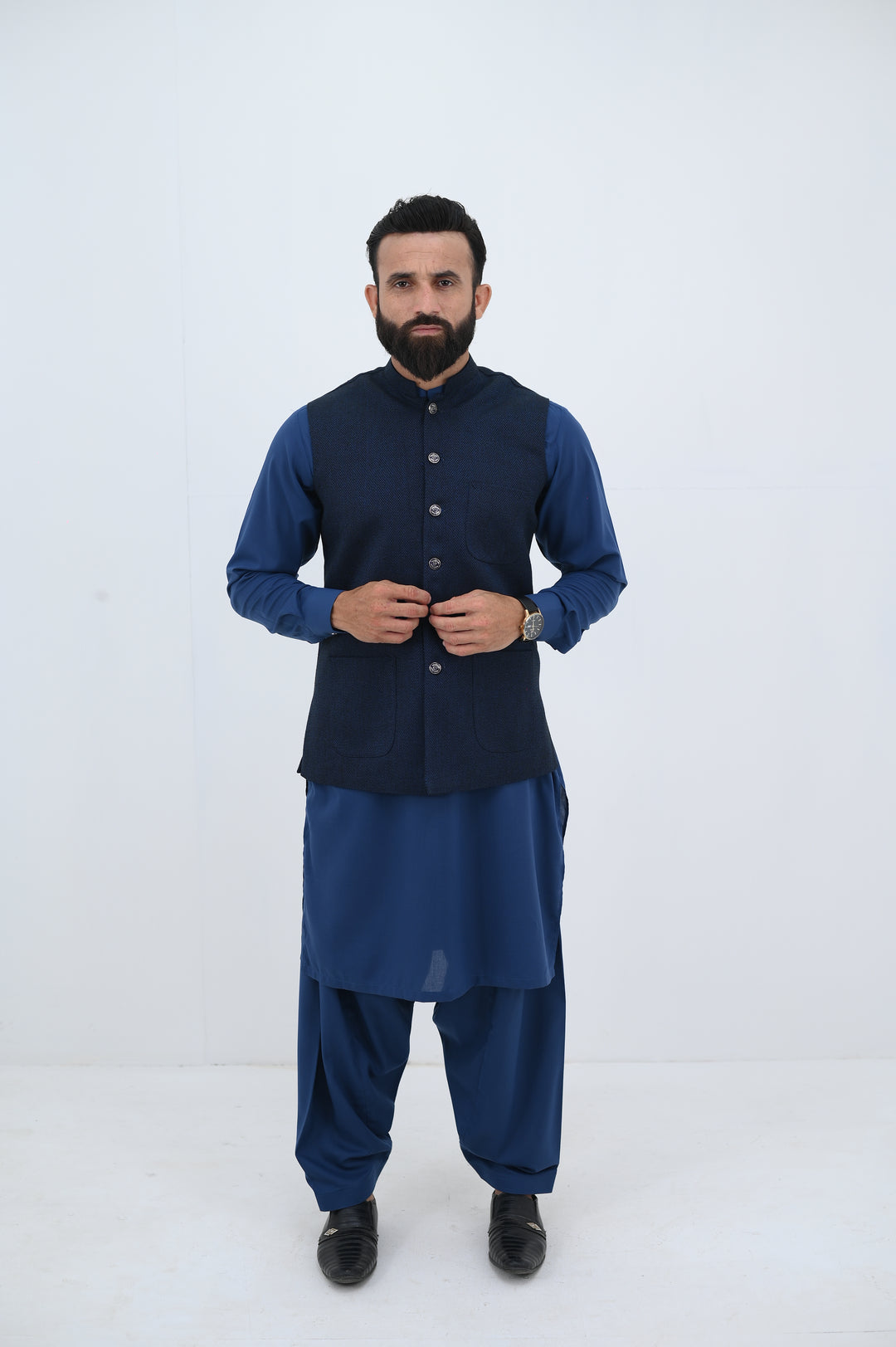 AlifYay - Blended Kurta Shalwar With Waistcoat For Men - Blue - 3 Piece Suit