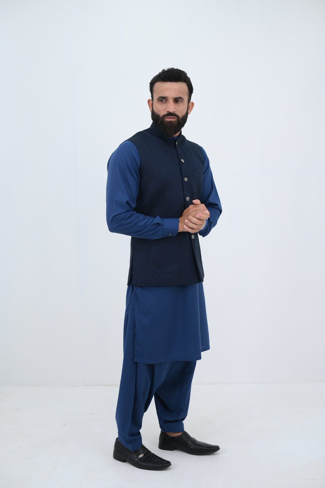 AlifYay - Blended Kurta Shalwar With Waistcoat For Men - Blue - 3 Piece Suit