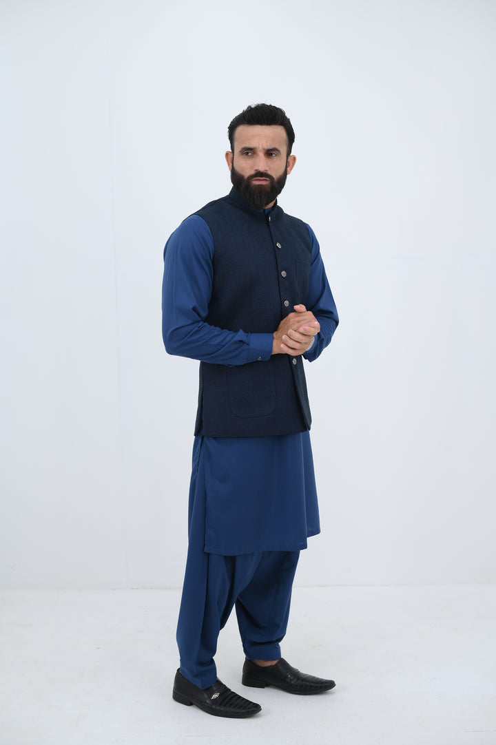 AlifYay - Blended Kurta Shalwar With Waistcoat For Men - Blue - 3 Piece Suit