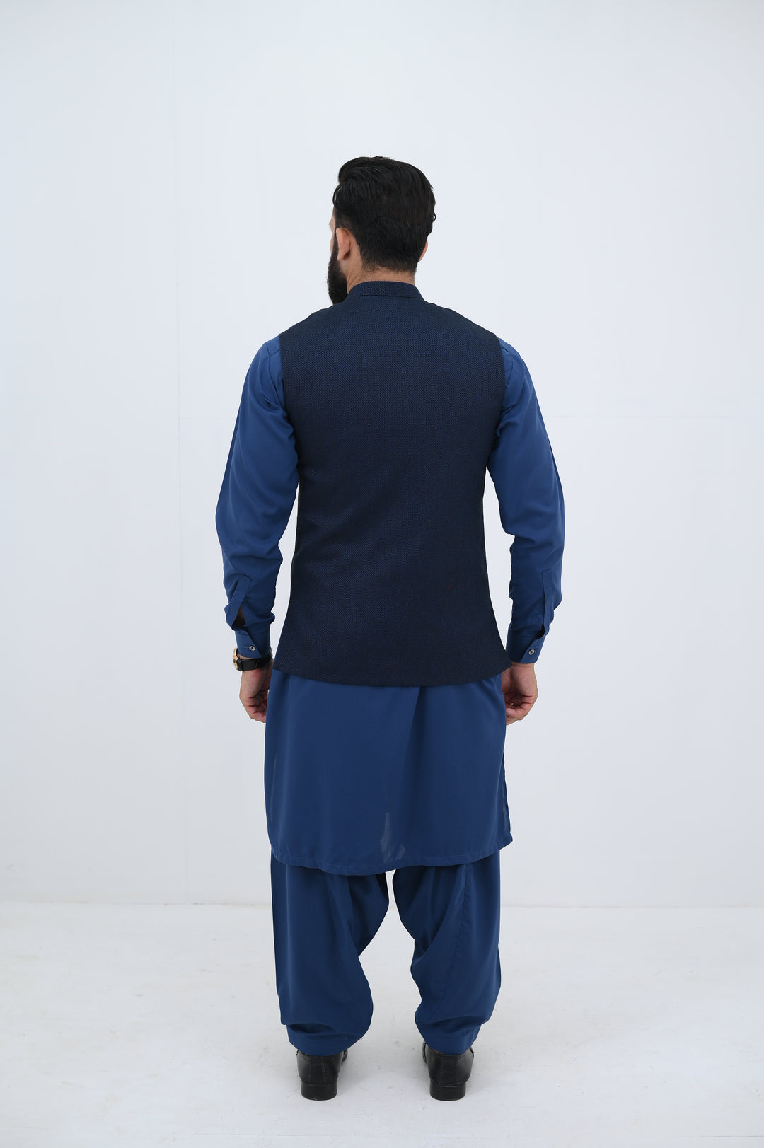 AlifYay - Blended Kurta Shalwar With Waistcoat For Men - Blue - 3 Piece Suit