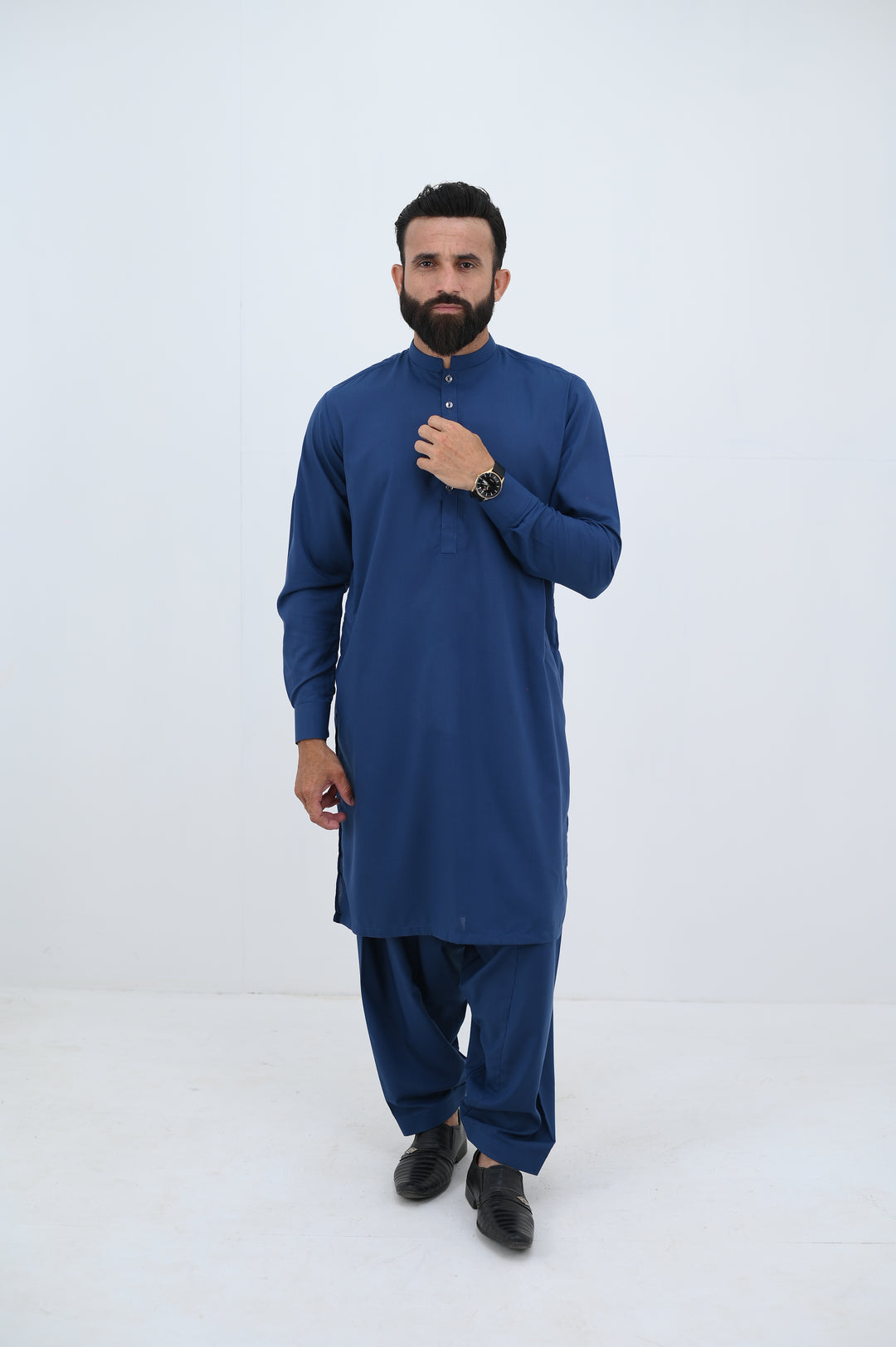 AlifYay - Blended Kurta Shalwar With Waistcoat For Men - Blue - 3 Piece Suit