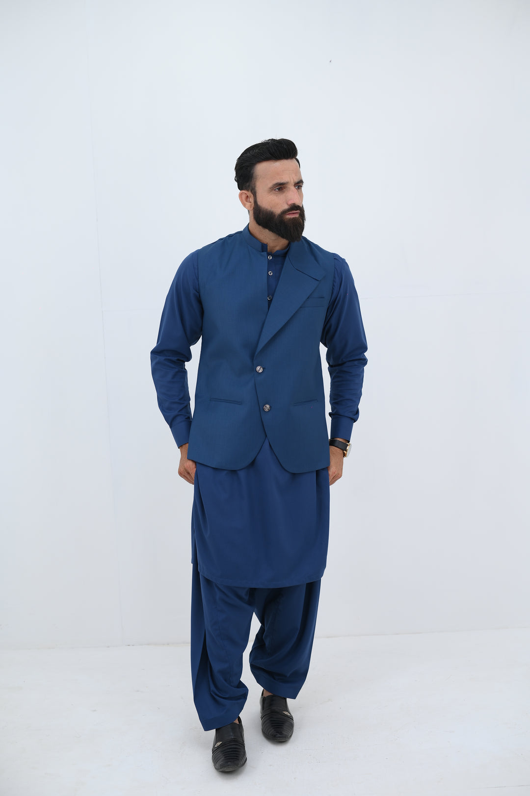 AlifYay - Blended Kurta Shalwar With Waistcoat For Men - Blue - 3 Piece Suit