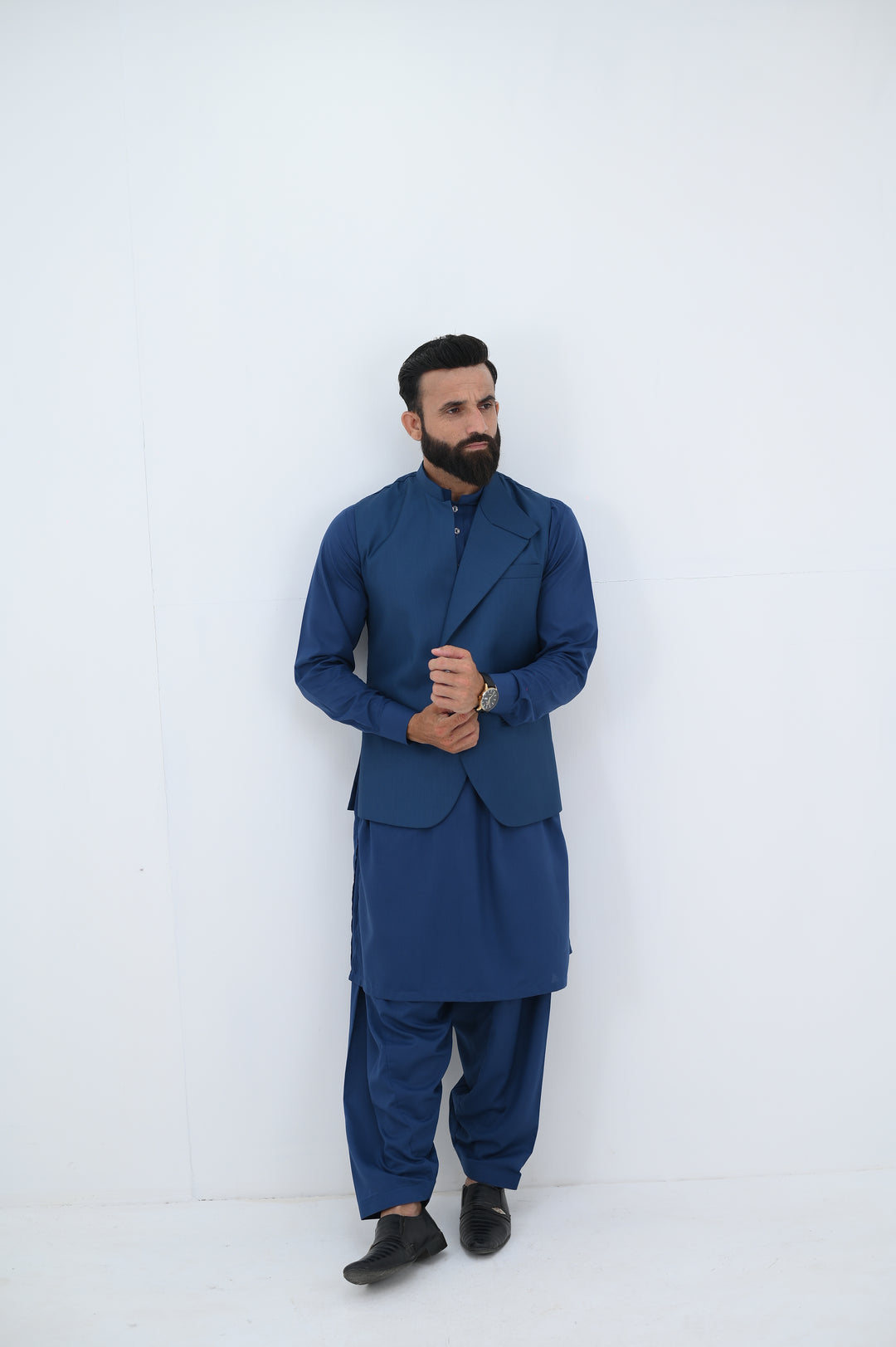 AlifYay - Blended Kurta Shalwar With Waistcoat For Men - Blue - 3 Piece Suit