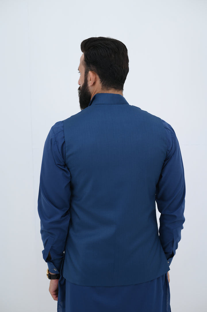 AlifYay - Blended Kurta Shalwar With Waistcoat For Men - Blue - 3 Piece Suit