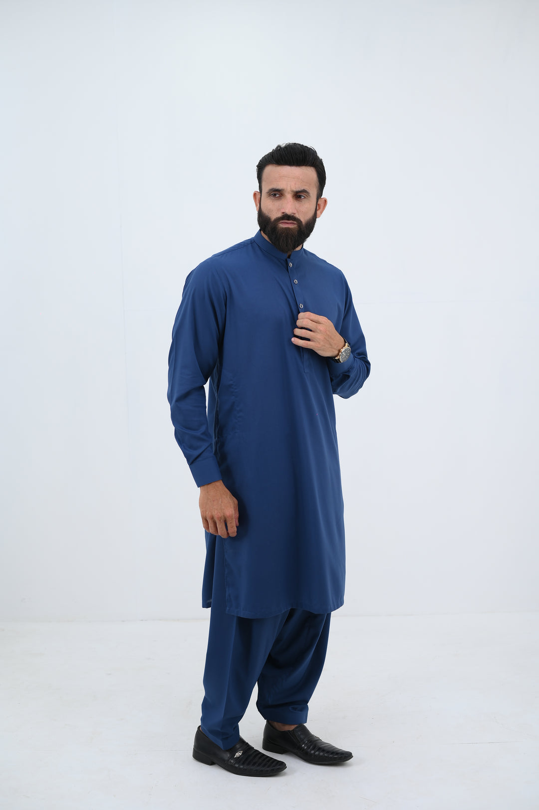 AlifYay - Blended Kurta Shalwar With Waistcoat For Men - Blue - 3 Piece Suit