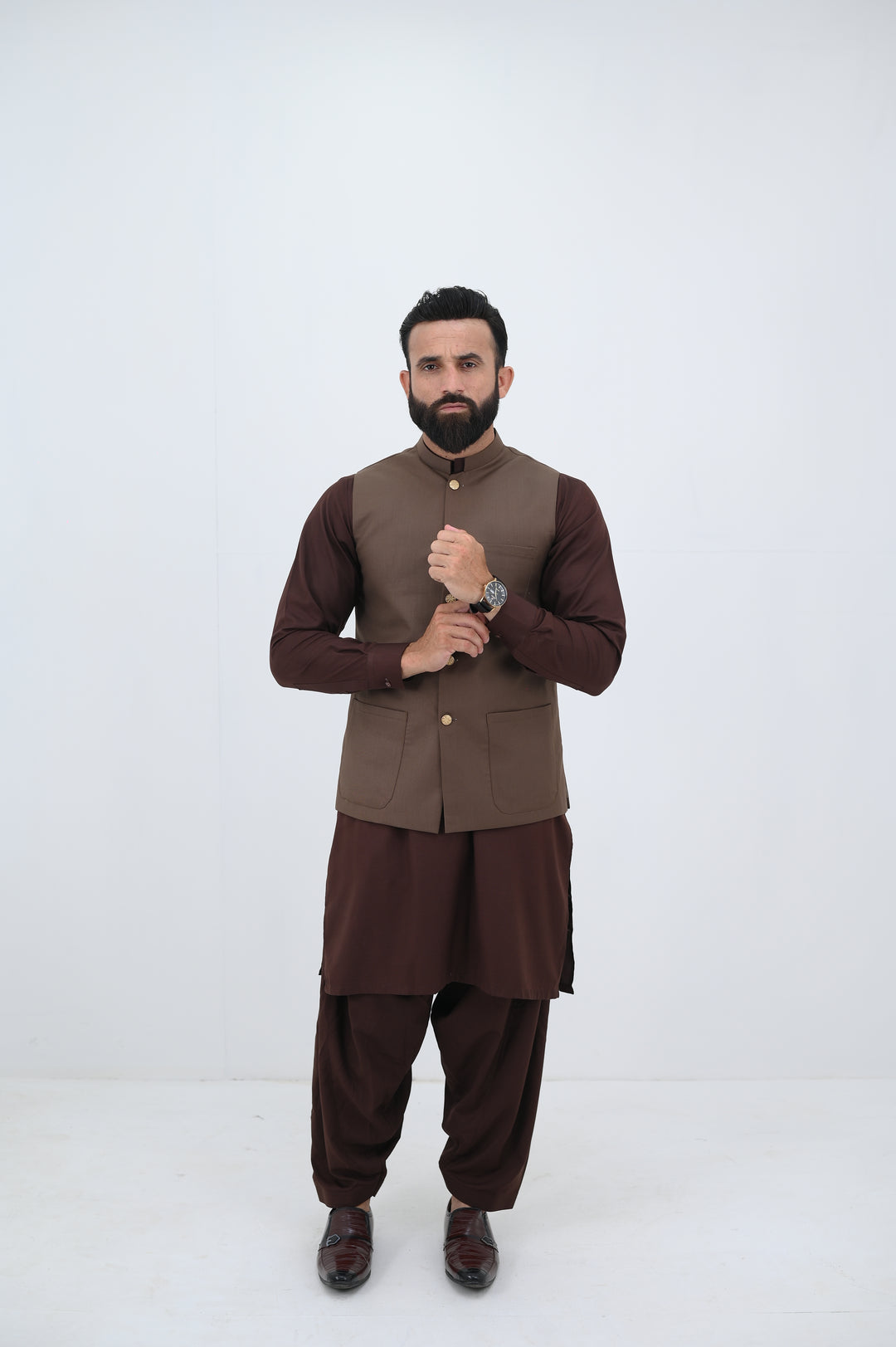 AlifYay - Blended Kurta Shalwar With Waistcoat For Men - Brown - 3 Piece Suit