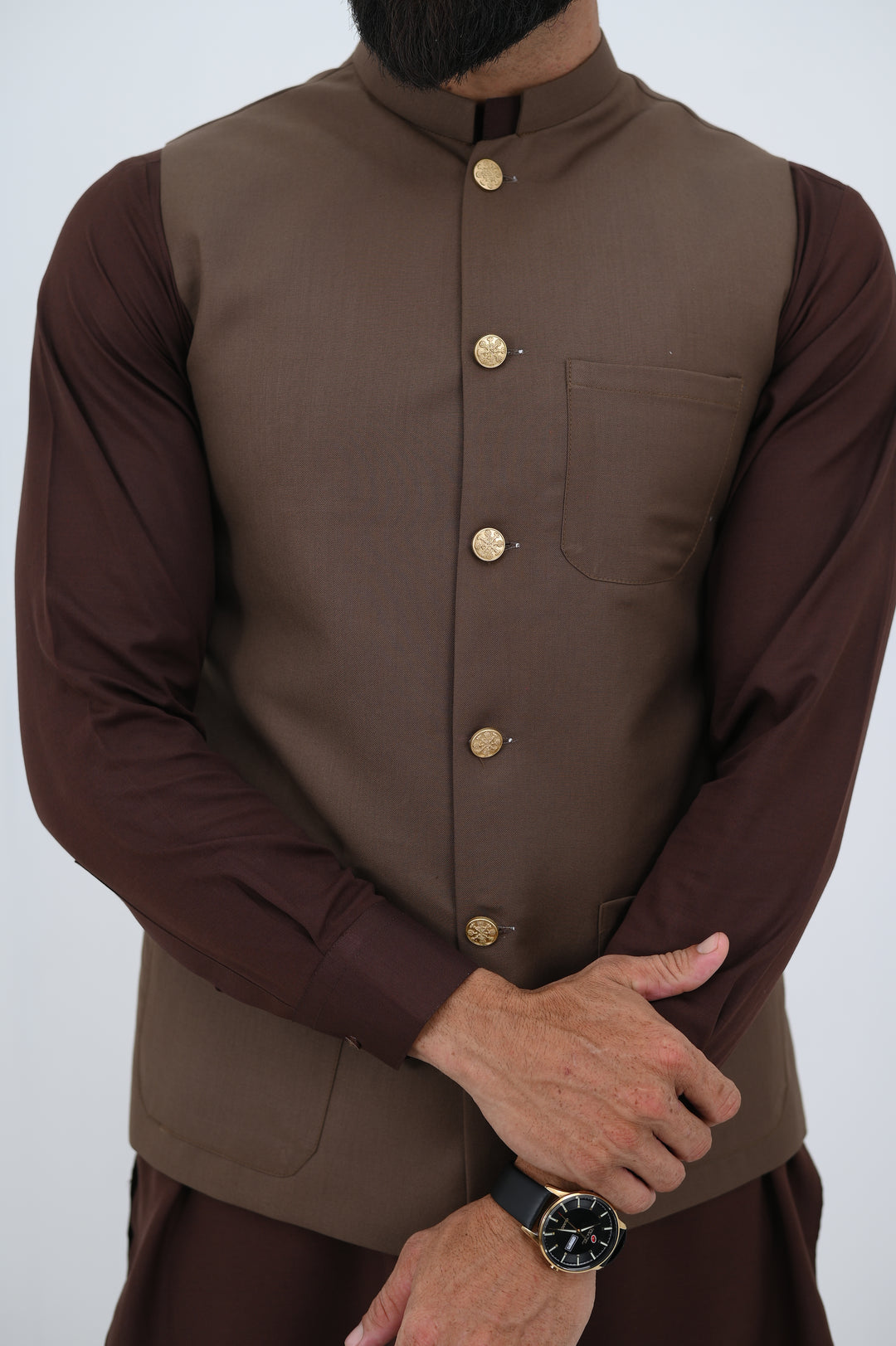 AlifYay - Blended Kurta Shalwar With Waistcoat For Men - Brown - 3 Piece Suit