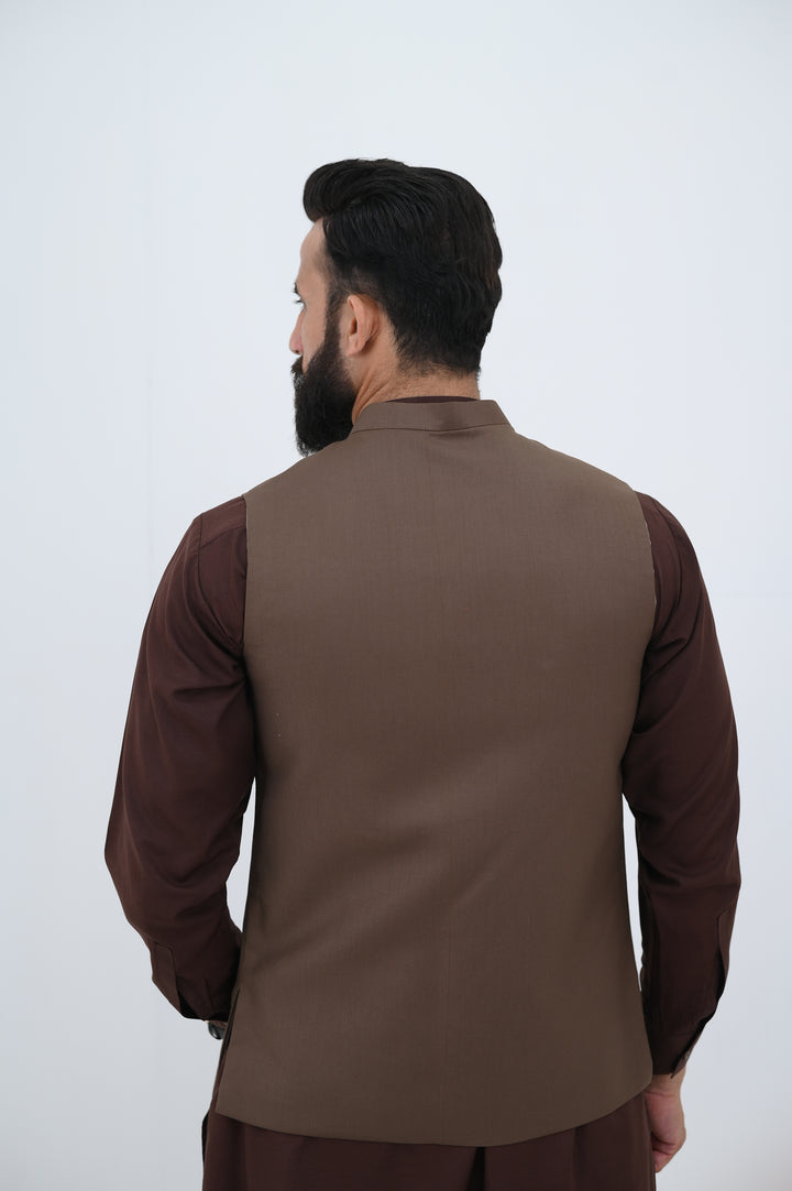 AlifYay - Blended Kurta Shalwar With Waistcoat For Men - Brown - 3 Piece Suit