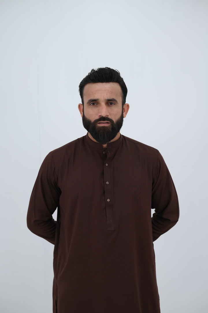AlifYay - Blended Kurta Shalwar With Waistcoat For Men - Brown - 3 Piece Suit